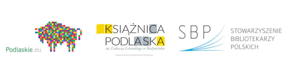 logo województwa podlaskiego, książnicy podlaskiej oraz stowarzyszenia bibliotekarzy polskich