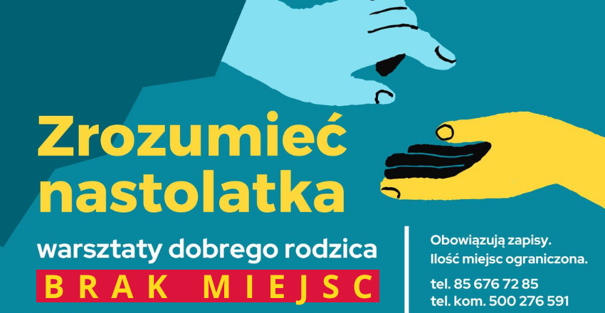 W górnej części dwie dotykające się dłonie, niżej informacje o spotkaniu i logotyp Książnicy Podlaskiej.