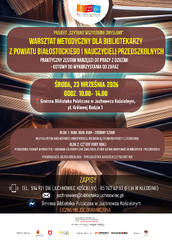 Plakat informujący o warsztatach dla bibliotekarzy w dniu dwudziestym trzecim września w Juchnowcu Kościelnym