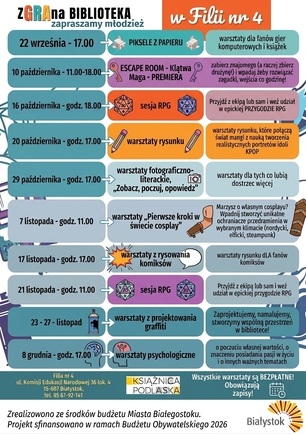 Plakat informujący o warsztatach dla młodzieży odbywających się w ramach projektu zGRAna biblioteka