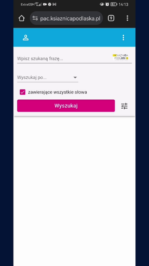 Zrzut ekranu pulpitu telefonu komórkowego pokazującego aplikację Opac Książnicy Podlaskiej.