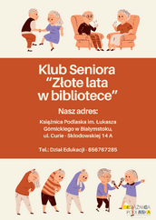 Na środku informacje o Klubie Seniora, powyżej grafiki rysunkowe przedstawiające tańczących i siedzących w fotelach seniorów, poniżej informacji grafika przedstawiająca 5 gimnastykujących się seniorów.