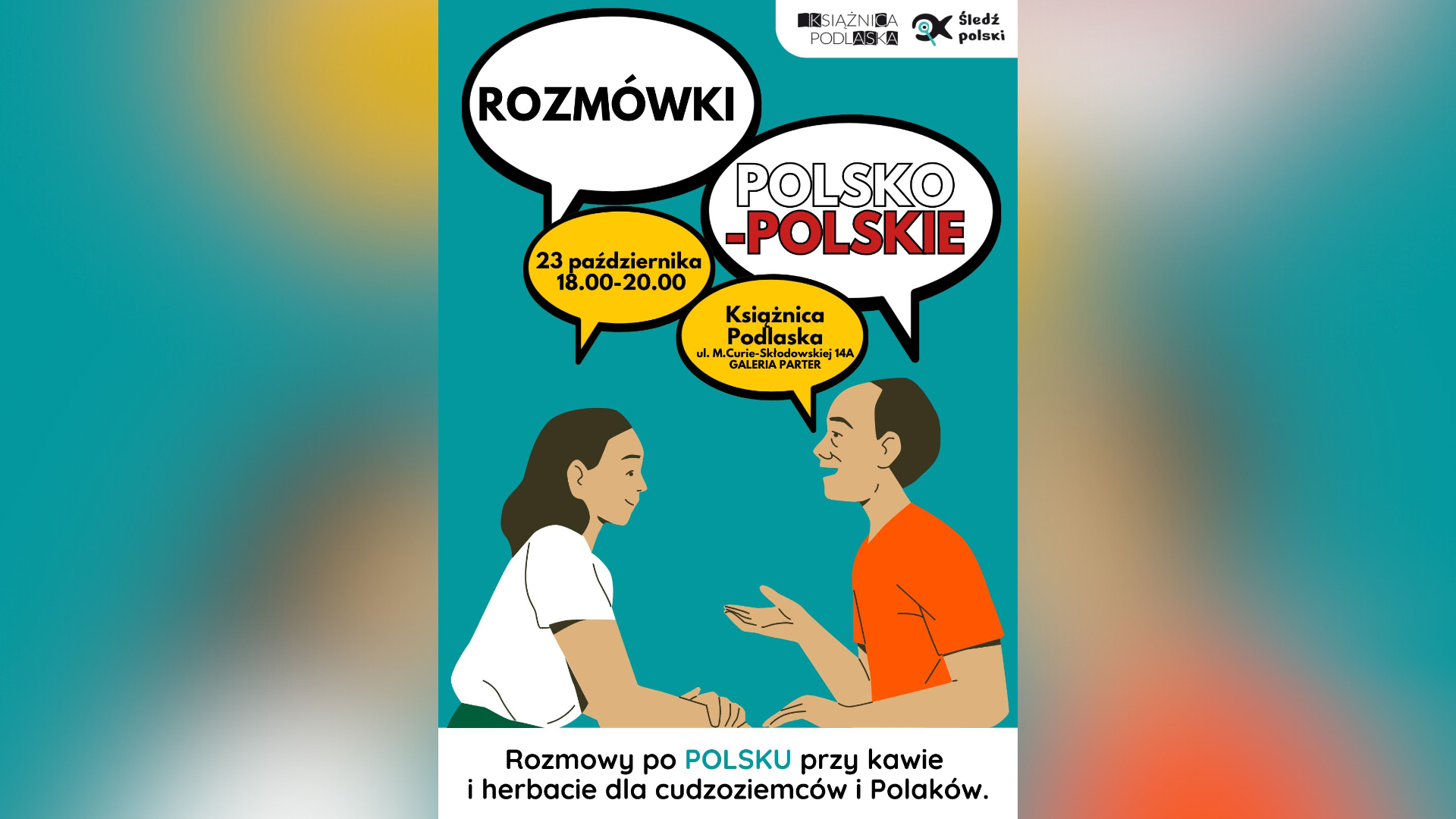 Grafika komiksowa, na której mężczyzna i kobieta rozmawiają ze sobą, powyżej logotypy, poniżej informacje o spotkaniu.