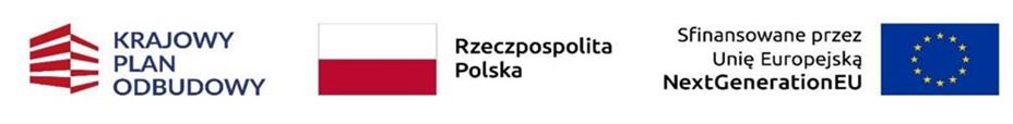 Na obrazie znajdują się trzy elementy:

Logo Krajowego Planu Odbudowy z czerwonymi i białymi paskami po lewej stronie oraz napisem "KRAJOWY PLAN ODBUDOWY".
Flaga Polski z napisem "Rzeczpospolita Polska" pośrodku.
Logo Unii Europejskiej z napisem "Sfinansowane przez Unię Europejską NextGenerationEU" po prawej stronie.