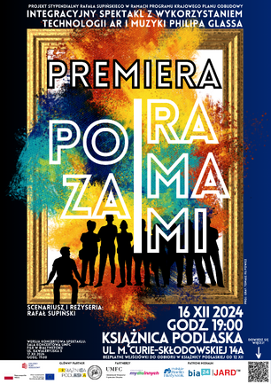 Kolorowy plakat promujący premierę spektaklu ""Poza Ramami: Integracyjny spektakl z wykorzystaniem technologii AR i muzyki Philipa Glassa" .