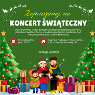 Plakat promujący Koncert Świąteczny, który odbędzie się 13 grudnia 2024 roku o godzinie 17:00 w Książnicy Podlaskiej w Białymstoku (ul. M. Curie-Skłodowskiej 14A). Wydarzenie to jest świątecznym pokazem w wykonaniu dzieci i młodzieży pod kierownictwem prof. Galiny Markowej. Na plakacie widnieją świąteczne elementy, takie jak choinki, prezenty, śpiewająca rodzina oraz sanie Świętego Mikołaja na tle gwiaździstego nieba. Wstęp na wydarzenie jest wolny.