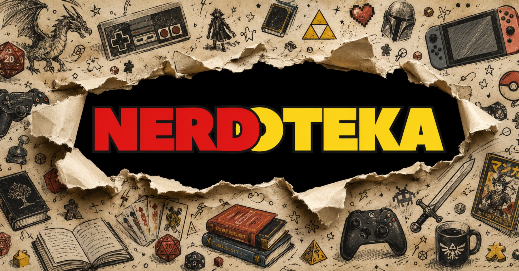 Nerdoteka — logo marki na tle rozerwanych kartonowych kart z ilustracjami nawiązującymi do kultury gier i fantastyki: kontrolery do gier, kostki k20, smok, miecze, karty do gry, książki RPG, Nintendo Switch, Xbox pad, kubek z symbolem Zeldy oraz manga. Logo składa się z czerwonego napisu „NERD" i żółtego „OTEKA" na czarnym tle, z żółtym symbolem przypominającym Poké Ball między słowami.