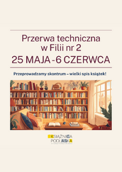13:02Claude responded: Grafika informacyjna Książnicy Podlaskiej im.Grafika informacyjna Książnicy Podlaskiej im. Łukasza Górnickiego w Białymstoku na jasnobeżowym tle. U góry duży napis w kolorze ciemnogranatowym: „Przerwa techniczna w Filii nr 2", poniżej wyróżnione bordowe daty „25 maja – 6 czerwca". Pod nimi tekst w kolorze bordowym: „Przeprowadzamy skontrum – wielki spis książek!". Centralną część zajmuje ciepła ilustracja w stylu rysunkowym przedstawiająca przytulne wnętrze biblioteki – drewniane regały pełne kolorowych książek, stolik z otwartą książką i okularami, fotel z poduszkami, rośliny doniczkowe oraz duże okno, przez które wpada słoneczne światło. Na dole widoczne logo Książnicy Podlaskiej.