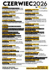 Plakat: białe tło i bardzo minimalistyczna, czytelna forma graficzna opartą na czarnym tekście i żółtych akcentach. U samej góry widnieje duży, pogrubiony napis „CZERWIEC 2026 W KSIĄŻNICA PODLASKA” z logo instytucji, w którym słowo „KSIĄŻNICA” wpisane jest w żółty kwadrat. Główną część plakatu zajmuje ułożona w dwóch kolumnach, szczegółowa rozpiska wydarzeń kulturalnych na cały miesiąc; daty i godziny zostały wyróżnione wyrazistym, żółtym tłem, pod którym czarną czcionką wypisano nazwy spotkań, takich jak kluby książki, turnieje szachowe, planszówki czy festiwal popkultury. Na samym dole plakatu umieszczono mniejszy dopisek informacyjny, duży komunikat „WSTĘP NA WSZYSTKIE WYDARZENIA JEST WOLNY!” oraz wyraźny, czarny adres strony internetowej „KSIAZNICAPODLASKA.PL” na jaskrawożółtym prostokącie.