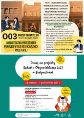 Plakat promocyjny Budżetu Obywatelskiego 2027 w Białymstoku zachęcający do głosowania na projekt nr 003 „Biblioteczna Przestrzeń Pokoleń w Filii nr 9 Książnicy Podlaskiej” w dniach 24 września – 7 października 2026 r.